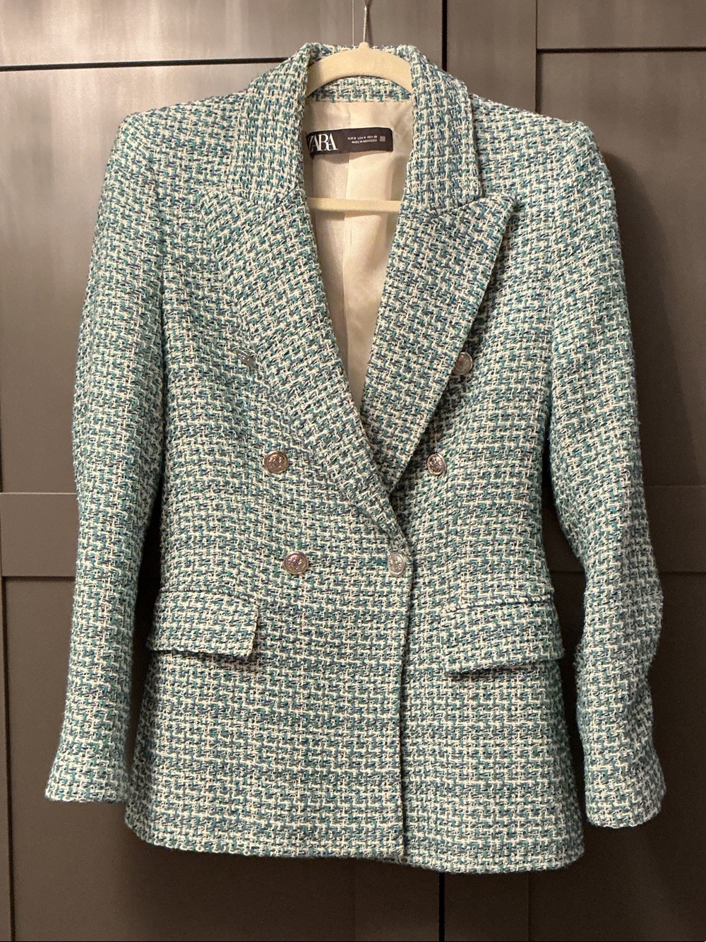 Zara Teal, Blue and White Tweed Double-Breasted Blazer